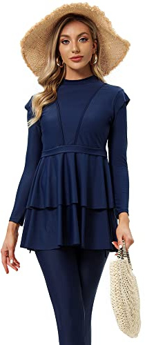 YONGSEN Women Burkini Islamic Modest Plus Size Muslim Swimwear with Bra Pad Front Black and White Grid Hijab Swimsuit (Blue, S)