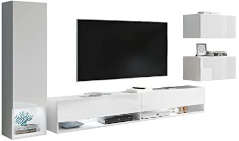 Mirjan24 Wohnwand Boneli, Schrankwand, Fernsehschrank, Anbauwand, Mediawand, Wandregal, TV-Lowboard, Hängeschrank, Vitrine (Weiß/Weiß Hochglanz, mit weißer LED Beleuchtung)