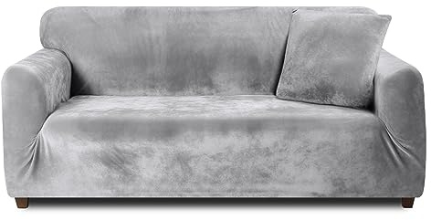Teynewer Thick Velvet Sofa Covers 1 2 3 4 Seater High Stretch Non-Slip Couch Cover Furniture Protector Plush Sofa Slipcovers with 1 pillowcase for Living Room Dogs Cats Pet (2 Seater, Light Grey)