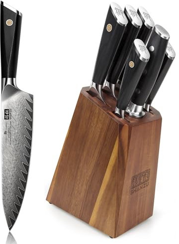 SHAN ZU Damaststahl Messerblock mit Messer, 7-teiliges Küchenmesserset aus Japanischem 10Cr15CoMoV Spitzenstahl, Professionelles Küchenmesser mit G10 Griff - GYO Series