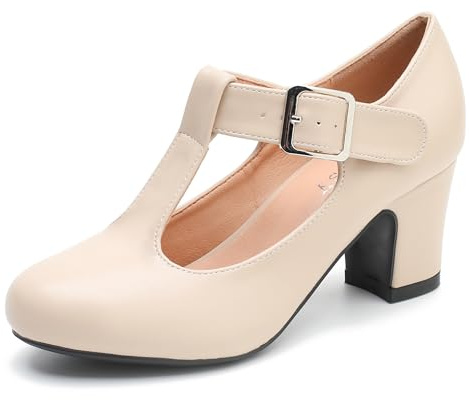 Women's T-Strap Mary Jane Pumps Low Block Chunky Heels Closed Round Toe Dress Wedding Shoes Nude Matte 40-8.5US