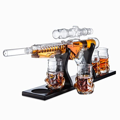 The Wine Savant Blaster Force Gun Whiskey & Wein Dekanter Set Gläser – Energized Particle Weaponry Eleganter Dekanter 24–4 Trooper-Schnapsgläser & Mahagoni-Holzsockel (590 ml) Geschenke für Papa