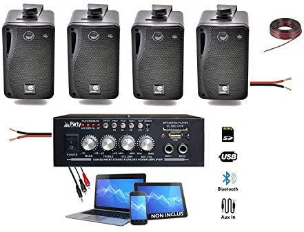 Party Light & Sound - Pack HiFi Ampli Party PLS1250USB-RC Tuner USB Bluetooth - Télécommande - 4 Enceintes E Audio 80W - Restaurant - Commerce - Institut