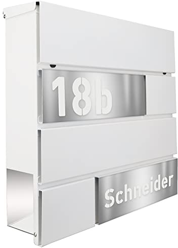 Zalafino Briefkasten Weiß – Wandbriefkasten mit Zeitungsfach und eleganter Laser-Cut Edelstahlblende – Individuelle Beschriftung