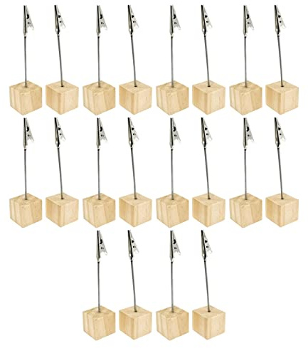 JZK 20 x Soporte de clip de notas de madera, soportes de tarjetas de nombre de mesa de madera, soportes de número de mesa de boda, soporte de tarjeta de lugar de madera, soporte de clip de fotos