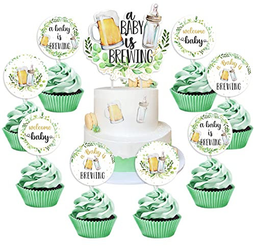 25 Pcs A Baby is Brewing Cake Decorations Greenery - Bottle and Beer Baby Shower Cake Topper with Cupcake Toppers Double Sided for Pregnancy Celebration Diaper Gender Reveal Newborn Birthday Party