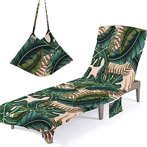 Surwin Sun Lounger Beach Towel with Pockets, Banana Leaf Summer Beach Chair Cover Chaise Lounge Towel Cover Mate Sunbed Towels For Holiday Garden Outdoor Pool (75x210cm,Green)