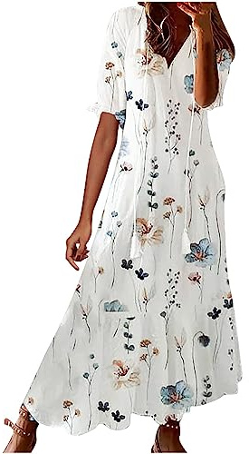 Maxiklänning damer sommar, blommor maxiklänning damer oversize sommar casual klänning v-ringad kortärmad boho strandklänningar lösa lätta bekväma fritidsklänningar, Vit, 3XL