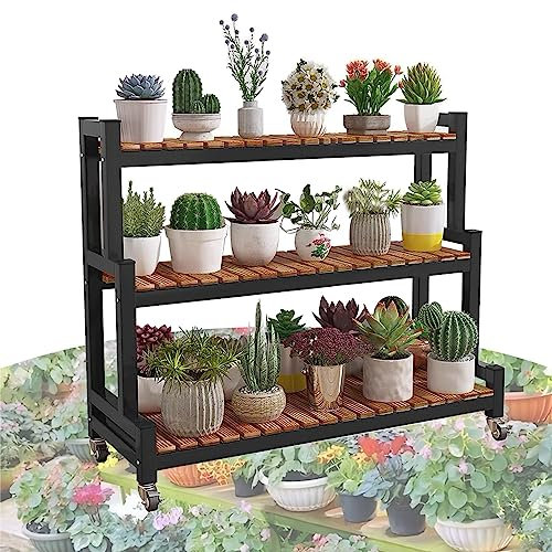 LIGUOYI Pflanzenregale Aus Metall Blumentreppe 2 Ebenen 3 Ebenen Gartenregal Mit Laufrädern, Garten Blumenregal Leiterregal 80 100 120cm Pflanzenregal Für Indoor Outdoor, Schwarz, Weiß