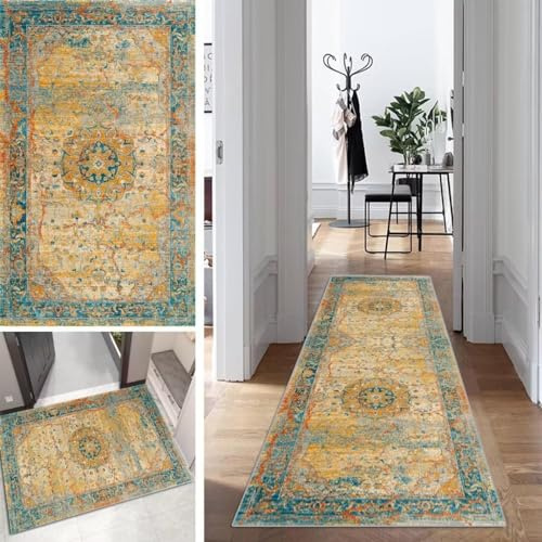 Mogetal Boho Läufer Teppich Flur Lang Vintage Klassisch TeppichLäufer rutschfest Waschbar 60x200cm Dauerhaft Läuferteppich KüchenLäufer Korridor Polyester Anpassbar Meterware