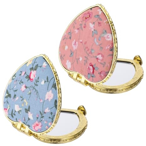 YUXIANLB 2 Pcs Compact Mirror for Purse, Vintage Double-Sided Flower Makeup Mirrors Portable Trave Cosmetic Mirror for Women Girls, Heart Folding Mini Handheld Mirror for Pocket (Pink, Blue)
