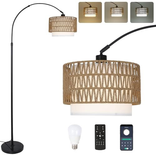 Rayofly Bogenlampe Wohnzimmer Stehlampe, Rattan Stehlampe mit Fernbedienung und LED-Glühbirne, App-Steuerung, Vintage Stehleuchte mit Doppel-Lampenschirme, Boho Stehlampen für Schlafzimmer, Floor Lamp