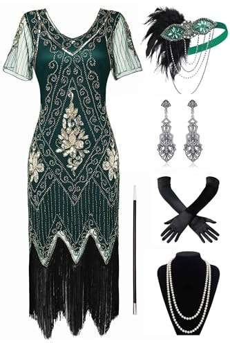BABEYOND Damen 1920er Jahre Flapper Kleid mit Gatsby Motto Party Kostüm Set