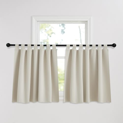 PONY DANCE Scheibengardinen Kurz Schlaufenschal 2er Set H 90 x B 140 cm Verdunklungsvorhänge Gardine Küchefenster Vorhang Wohnzimmer Fenstergardinen mit Schlaufen, Hellbeige
