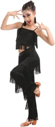 Set da Ballo Latino for Ragazze Sala da Ballo Pantaloni con Nappe con Frange Taglie Forti E Top con Frange Solide Salsa Samba Costume da Competizione Costumi di Pratica di Danza(Black,150)