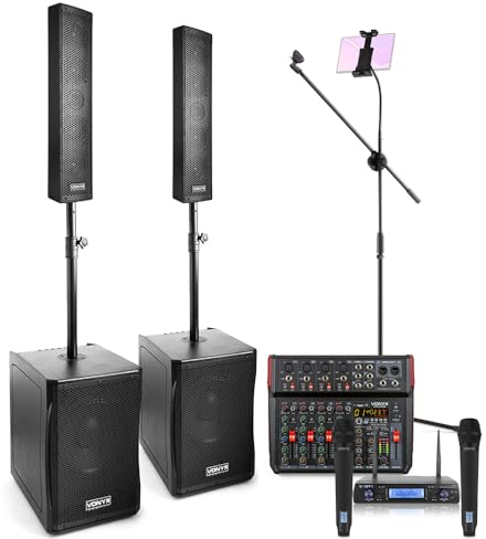 VONYX VX1200 Pro Karaoke System with Column Array Speakers, 8-Channel Bluetooth Mixer, Wireless Handheld Microphones & Tablet Stand - Ideal for Bars, Pubs & Home Karaoke Events