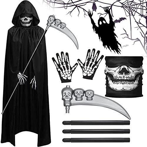 ZZXLOPEZ Sensenmann Kostüm, 4-teiliges Tod Kostüm Set, Halloween Kostüm Sensemann mit Schädelmaske, Sense, Skelett Handschuhe, Umhang, für Halloween Dekoration,Cosplay,Karneval (Schwarz, 175cm)