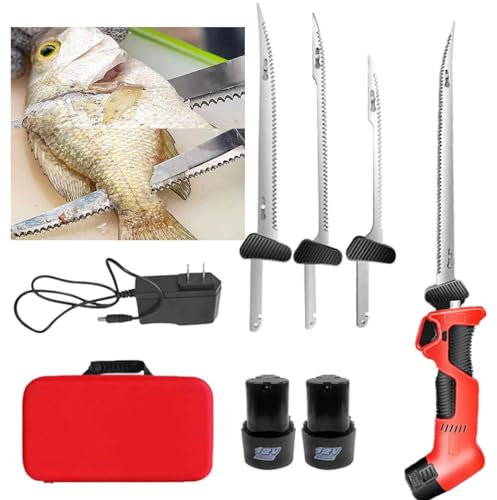 Cuchillo De Filete EléCtrico Para Pescado InaláMbrico,Cortador De Filete Pescado Cocina InaláMbrico, 4 Cuchillas Alternativas Antiadherentes Recubiertas + 2 BateríAs Iones Litio + Bolso,Red