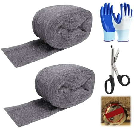 Steel Wool Mice Control - 2 Pack 3'' x 11Ft Steel Wool 0000 - Fine SteelWool Included Work Gloves & Scissors - Mouse Wall Hole Filler for Home, Garden & Garage