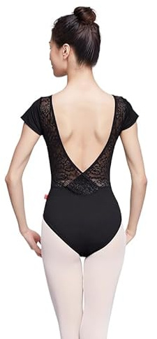 HEARTTOUCH Gymnastikbody Damen Turnanzug Turntrikot Kurzarm Ballett Tanzbody Spitze Trikots Bodysuit Rückenfrei Gymnastikanzug Tanzbekleidung