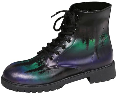 Ulalaza Women's Boots Round Toe Block Heels Gothic Platform Ankle Boots Lace Up Punk Motorcycle Combat Boots Multicolor Printing Leather Chunky Short Boots