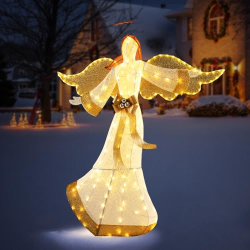 GYMAX 160cm beleuchteter Weihnachtsengel mit 180 LED-Lichtern, Weihnachtsdekoration mit Flügeln, Heiligenschein & Schleife, LED Engel, Weihnachtsdeko für Innen- & Außenbereich