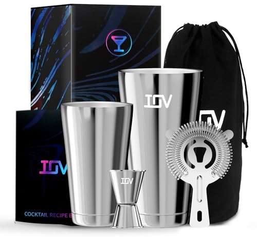 IOV Juego de coctelera de bar | Kit de barman mezclador de bebidas con agitadores Boston de 18 onzas y 28 onzas, colador, medidor, bolsa de herramientas y folleto de recetas, color plateado