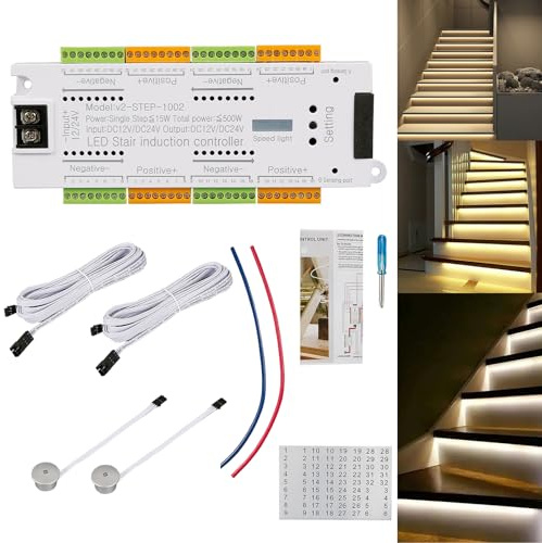 Inscrip Stair Light Controller Kit, Motion Sensor LED Stairs Lighting, Automatic Ladder Light Controller Step System, 32 Channels LED Stair Lighting, 12/24V Stairway Lights Sensor Controlling Kit