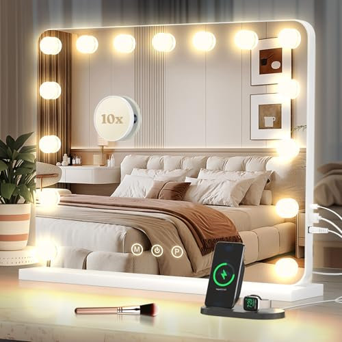 Hollywood Vanity Mirror for Makeup: 58x48 cm - 3 Color Modes,15 Dimmable LED Bulbs,USB & TYPE-C Output Port,touch Screen, Tabletop or Wall Mounted for Women - Bedroom