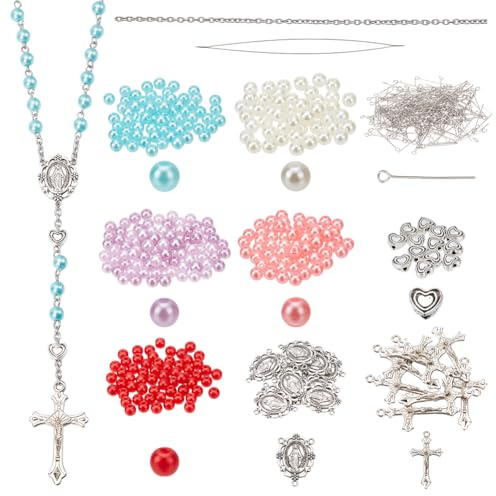 PLIGREAT 10 Sets DIY Rosenkranz Halskette Kit 573 Teile Schmuckherstellung Set Kunstperlen Metall Kreuz Kit Bunte Rosenkranz Gebet Herstellung Zubehör für Anfänger Rosenkranz Ostern Schmuckherstellung