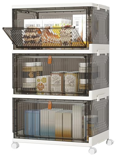 HOMIDEC Foldable Stackable Storage Boxes with Lids & Wheels 22L*3 Tiers | Plastic Storage Drawers, Storage Unit with Magnetic Doors, Multipurpose for Toys/Office Supplies/Snacks/Books/Clothes, Grey