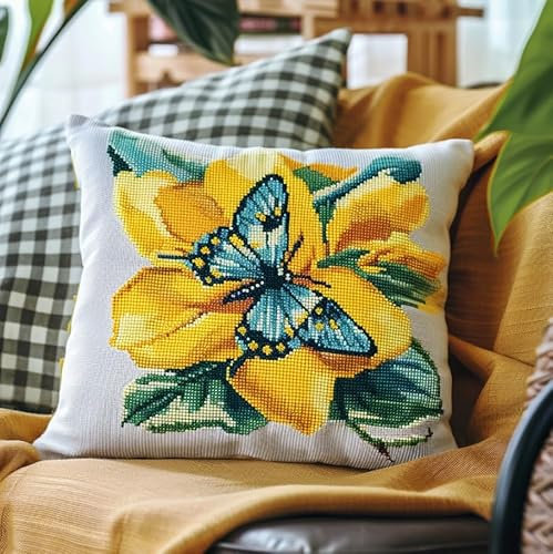 Taxpy Knüpfkissen Set, Blumen und Schmetterlinge Latch Hook Kissen Kit für Anfänger Erwachsene zum Selber Knüpfen, DIY Knüpfteppich Knüpfpackung, Knüpfhaken Set 43x43cm