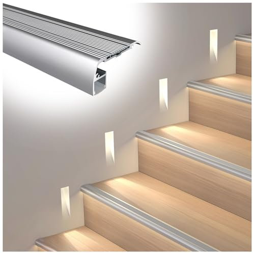 LXLZYXSF Übergangsprofil Treppenkantenschutz Mit LED-Kanal, rutschfest Treppeneckleiste - Gummi-Lauffläche & Aluminium-Streifen, Treppenkante Für Außen- Und Innenanwendungen(Silver,L-67/170cm)