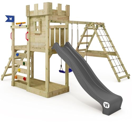 WICKEY Spielturm Ritterburg GateFlyer mit Schaukel & Rutsche, Outdoor Kinder Kletterturm mit Sandkasten, Leiter & Spiel-Zubehör für den Garten (Anthrazit)