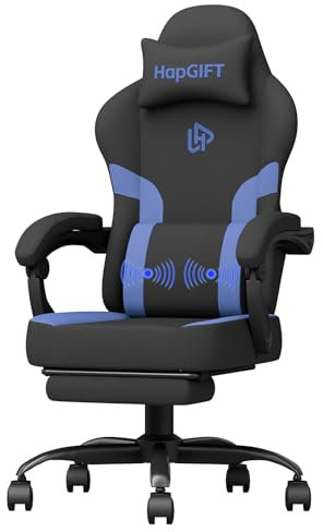 HapGIFT PC Stuhl Ergonomisch, Gaming Stuhl mit Fußstütze, Gaming Sessel mit Massage-Lendenkissen, Computer Stuhl mit Kopfstütze, Gamer Sessel für Erwachsene, Homeoffice, 150 kg, Schwarz Blau