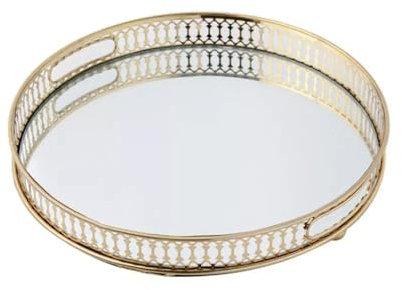 CHIMHOON Vassoio per servire in metallo, oro con specchio, decorativo in vetro quadrato/rotondo, multifunzione, per mangiare bevande, gioielli, chiavi a casa (rotondo)