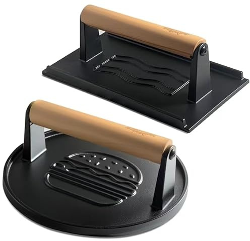 XUDAKAIXIN Cast Iron Smash Burger Press (2PCS),Grill Bacon Meat Press Tool,Perfect for Blackstone, Camp Chef, Weber Grills & Indoor Griddles – BBQ & Cookout Must-Have (Round & Rectangle -Grooved)