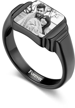 Zysta Personalisierte Herren Siegelring mit Foto Glänzend Poliert Band Ring mit Gravur für Männer