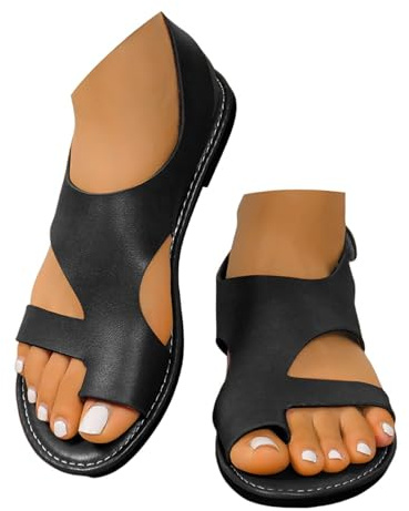 Sandals For Bunions Women 2025,Toe Loop Sandals For Women,Comfortable Casual Summer Flats Open Toe Soft Leather Comfy Buckle Roman Sandal Breathable Beach Walking Shoes,Black