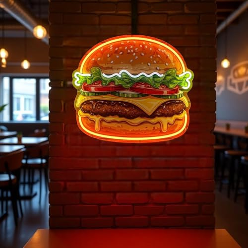 Hamburgare neon LED väggskylt UV-tryck cafédekor, restaurangmärkning, köksaccent, modern konstljus, unik present för matevenemang