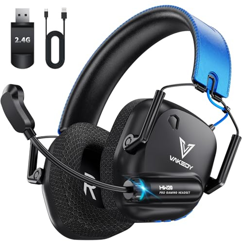 Vakedy Gaming Headset Wireless, 2,4 GHz USB & Bluetooth Gaming Kopfhörer mit Mikrofon, 50 mm Treiber, geringe Latenz, 50 Std Akku, Kopfhörer Kabellos für PS5, PS4, PC, Mac, Switch