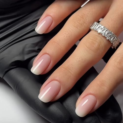 Viugex 24Pcs Fingernägel zum Aufkleben Kurze Eckig, Elegante Rosa Farbverlauf Press on Nails, Wiederverwendbare Acryl Künstliche Nägel, Natürlich French Fake Nails Set für Frauen Mädchen DIY Maniküre