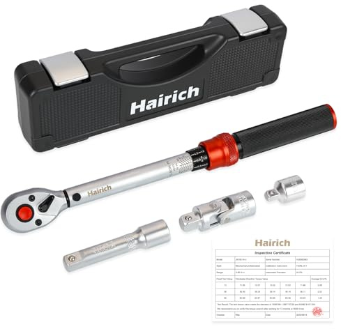 Hairich Llave dinamométrica de 3/8 pulgadas 5-60 Nm para bicicleta, motocicleta y coche – 72 dientes cabeza de carraca, juego de 3 piezas con extensión de 125 mm y adaptador de 3/8 -1/4, perfecto