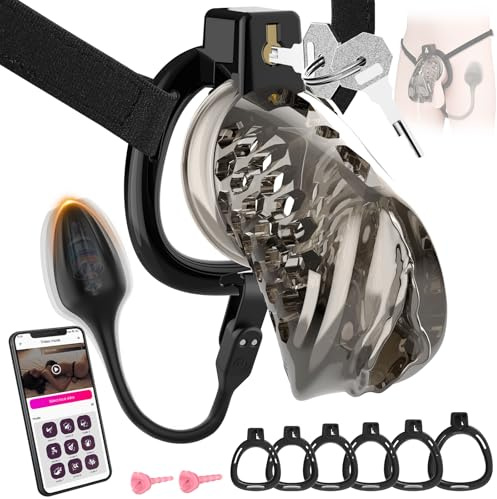 Chastity Cage Männer mit Vibrator – Verstellbarer Peniskäfig mit 6 Ringen & Gurten, 10 Vibrationsmodi, App Steuerung, Leichtes Hohles Atmungsaktives Design, Keuschheitskäfig Herren (Schwarz)