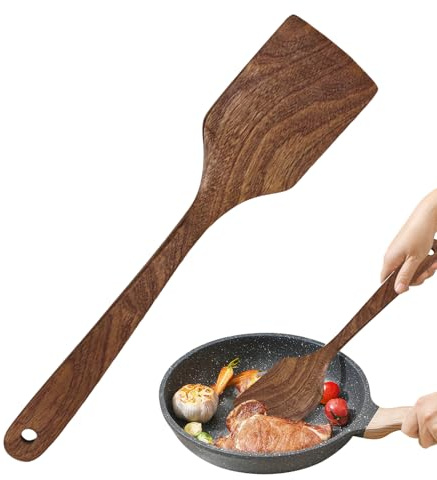 Träspatel - 33 cm långt handtag, släta rundade kanter, värmebeständigt hållbart material, platt stekning, ergonomisk design | köksredskap, rör om, skrapa, blanda, bakåt