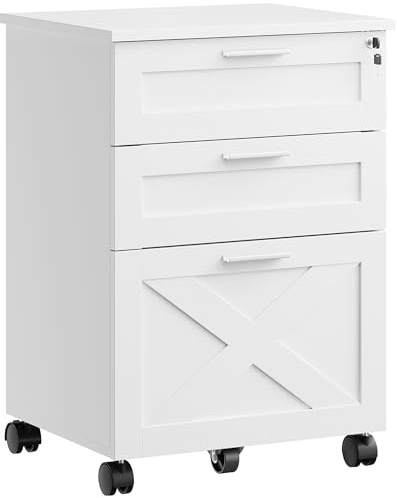 Litake Rollcontainer Abschließbare mit 3 Schubladen,Mobiler Aktenschrank Büroschrank mit Rollen,Unter Schreibtisch Schrank für Büro und Home Office,48x40x68cm, MDF Weiß