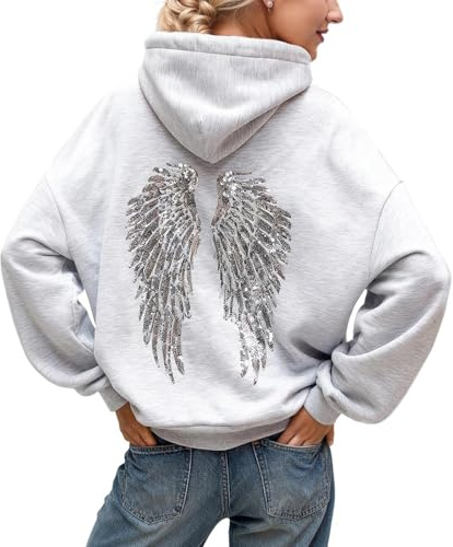 Generisch Sweat à capuche pour femme - Motif ailes d'ange - Paillettes - Paillettes - Multicolore - Décontracté - Manches longues - Mode décontractée - Élégant - Haut festif - Matière douce - Tenue