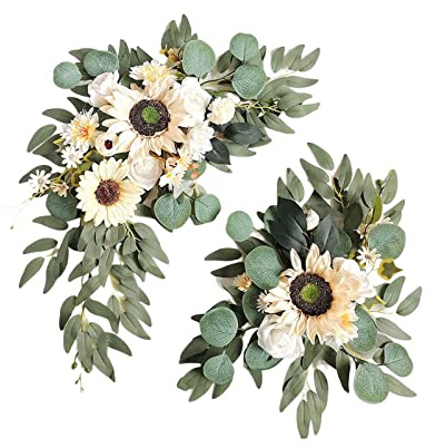 Fictory Set di festoni di fiori artificiali con rose champagne ed eucalipto, 2 pezzi composizioni floreali in seta per decorazioni per archi nuziali, schienale, appendere alla parete e decorazioni per
