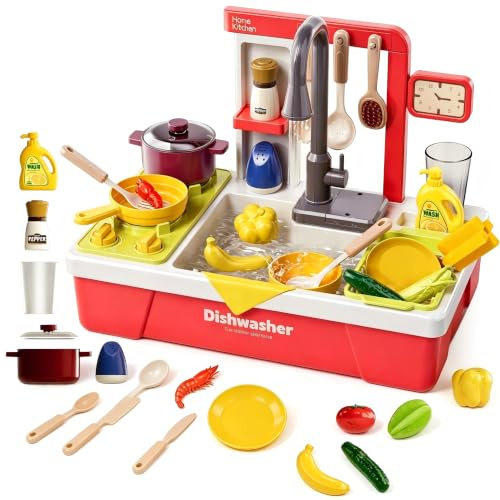 Toddler Play Sink with Running Water,Pretend Role Play Kitchen Toys for Kids with Accessories Vegetable Fruit,Electric Dishwasher with Automatic Water Cycle System,Water Play Gifts For Boys Girls,Red