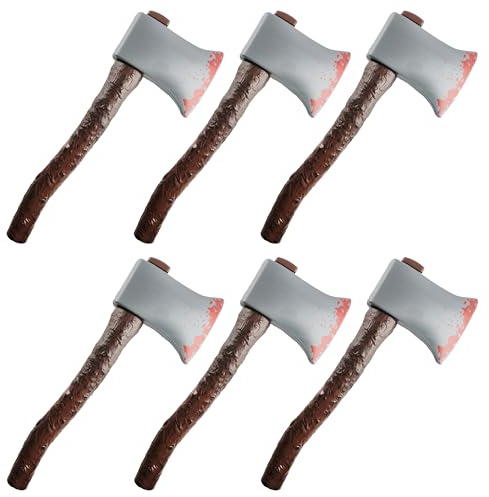 Blodig yxa med brunt handtag tjusigt klänningstillbehör – 41 cm lång yxrekvisita i plast med trähandtag – perfekt falsk yxa för halloween – 6-pack